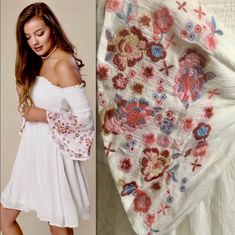 FLORAL EMBROIDERED OFF SHOULDER BELL SLEEVE DRESS - Picture 6 of 8